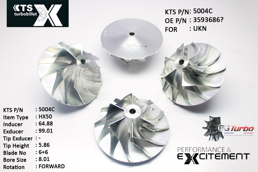 Turbo ROUE FORGÉE MFS PERFORMANCE - 6+6 PALES - INDUCER : 64,88 - EXDUCER : 99,0098 - TYPE : HX50ANGLE : 45° - ROTATION : Forward - SUPER BACK : 6,27 - BORE SIZE : 8,01
